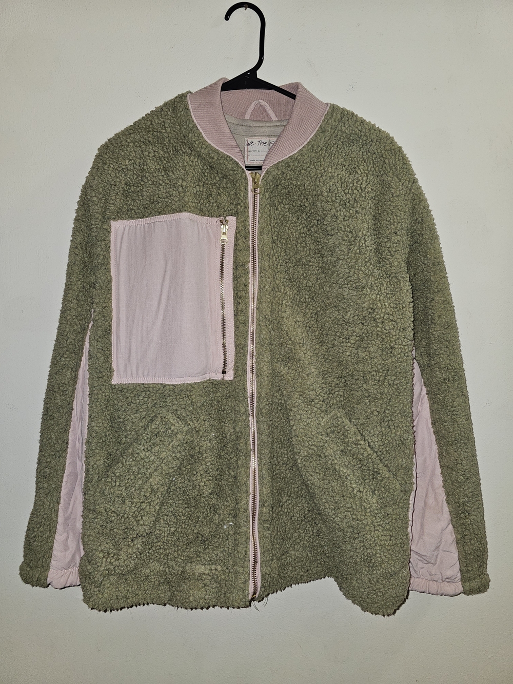 Free People Olive Green & Blush Sherpa Bomber Jacket